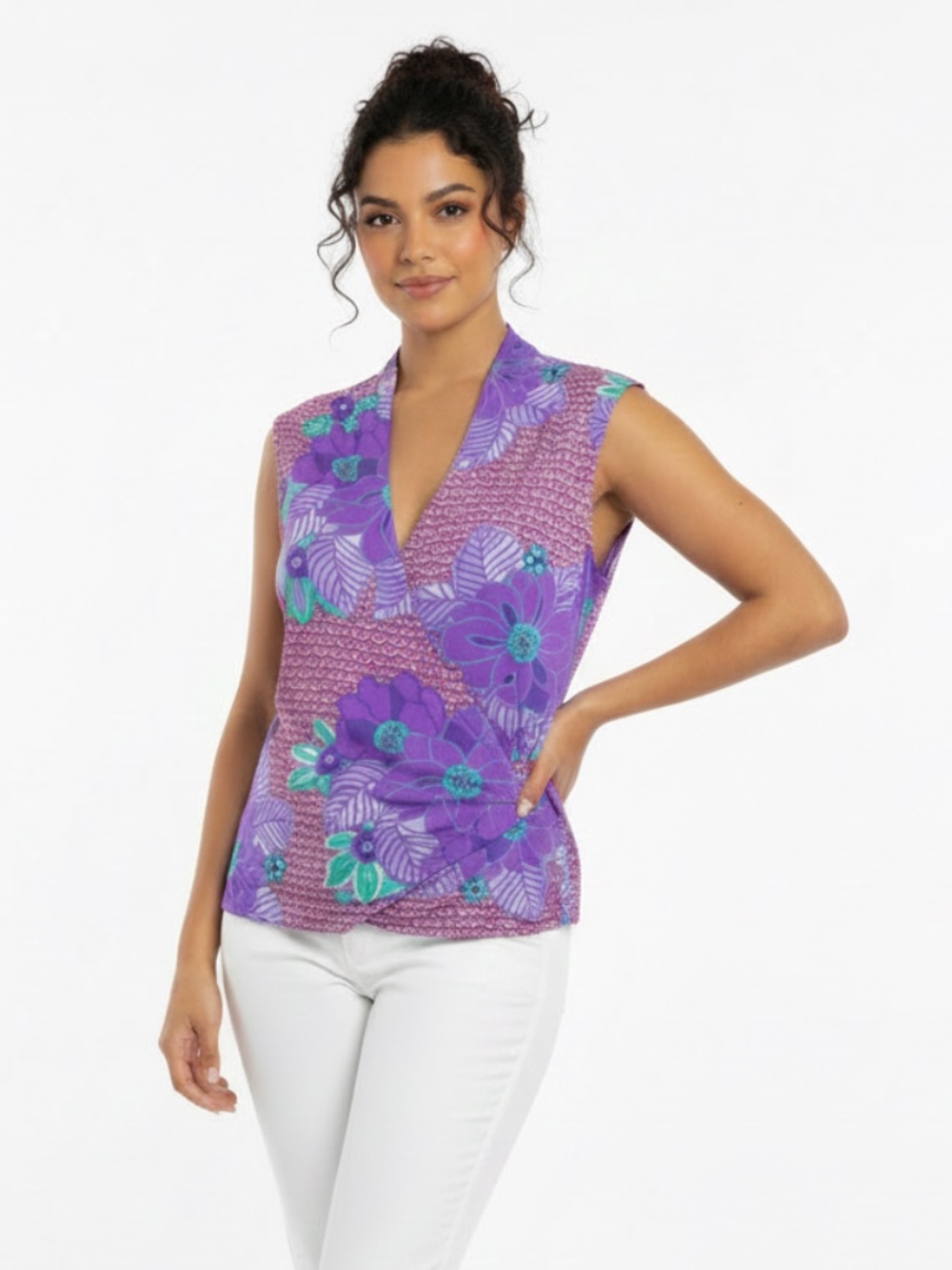 NEW Nikki Poulos REVERSIBLE 2 in 1 Blouse Wrap Top Floral Print Purple M